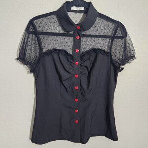 Belle Poque Blouse Womens size M Black Sheer Heart Buttons Ruched Whimsiecore